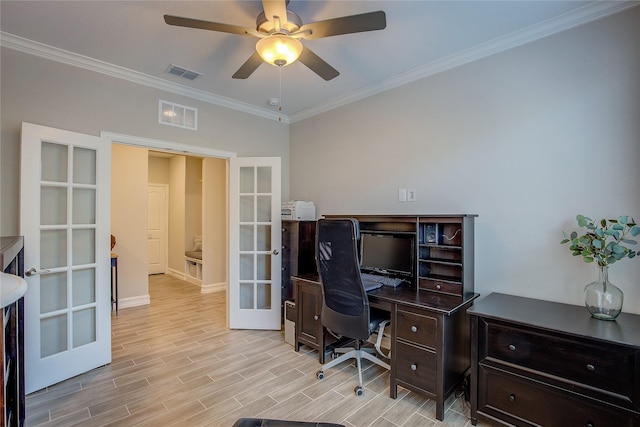 office space featuring french doors, wood finish floors, a ceiling fan, and visible vents