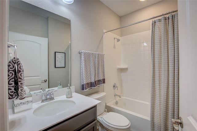 full bathroom with toilet, shower / bathtub combination with curtain, and vanity