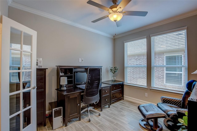 office area featuring ceiling fan, light hardwood / wood-style floors, ornamental molding, and french doors