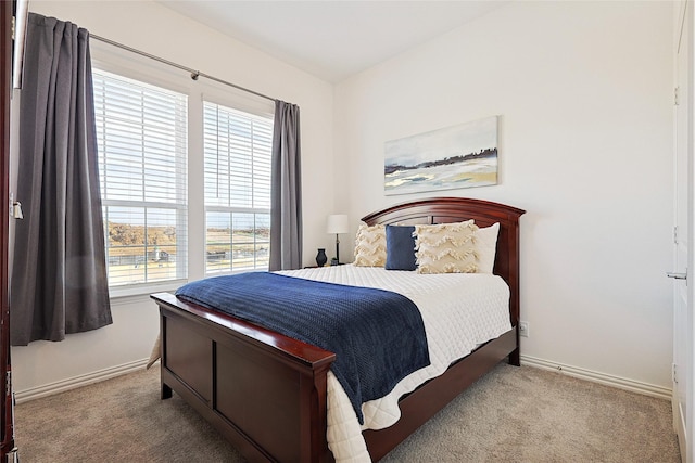 bedroom with light carpet