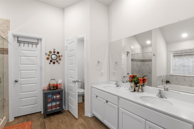 full bathroom with wood finished floors, a sink, toilet, and a shower stall