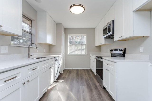 kitchen featuring stainless steel appliances, white cabinetry, hardwood / wood-style flooring, and sink