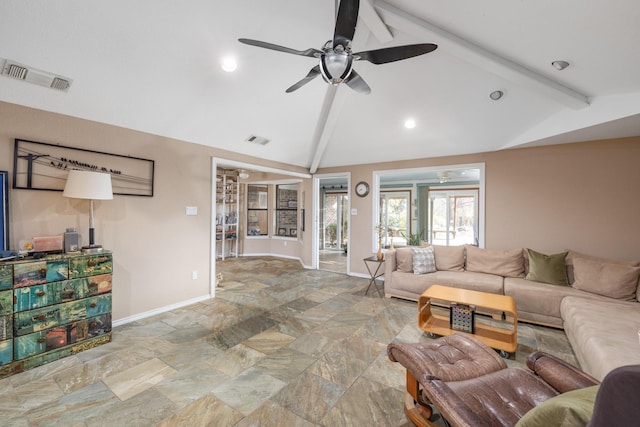 living room featuring ceiling fan and vaulted ceiling with beams