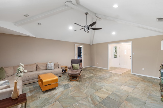 living room featuring ceiling fan and lofted ceiling with beams