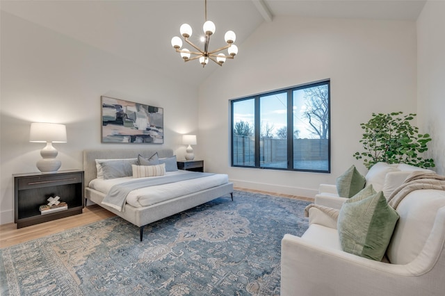 bedroom with beam ceiling, a notable chandelier, high vaulted ceiling, and wood-type flooring