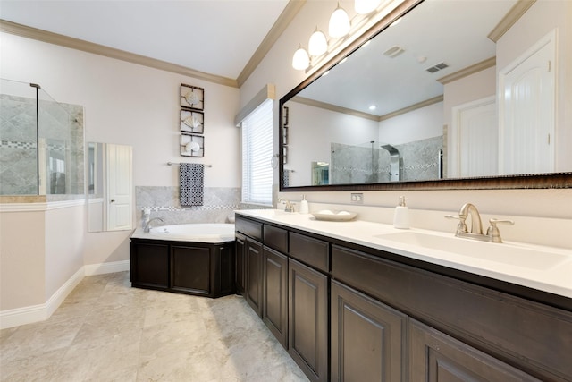 bathroom with vanity, crown molding, and plus walk in shower