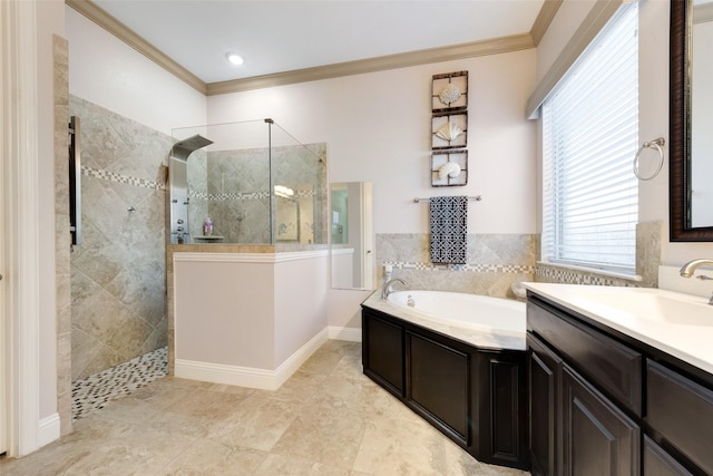 bathroom featuring vanity, independent shower and bath, and crown molding