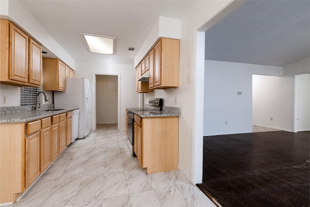 kitchen featuring dishwasher, light stone counters, light brown cabinets, sink, and stainless steel range with electric cooktop