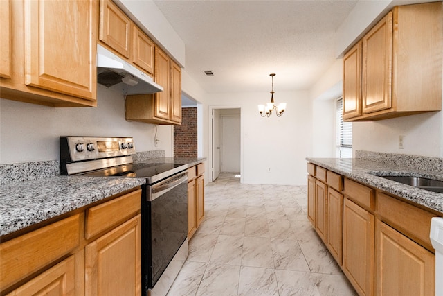 kitchen with a chandelier, light stone countertops, stainless steel electric range oven, light brown cabinetry, and decorative light fixtures