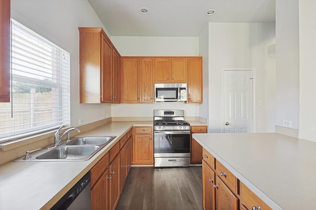 kitchen with stainless steel appliances, dark hardwood / wood-style flooring, and sink