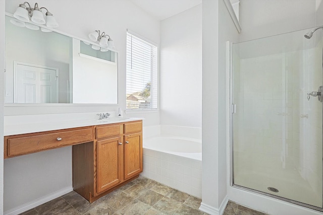 bathroom with vanity and plus walk in shower