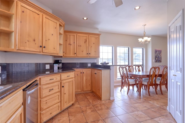 kitchen with dishwasher, light brown cabinets, light tile patterned floors, ceiling fan with notable chandelier, and pendant lighting