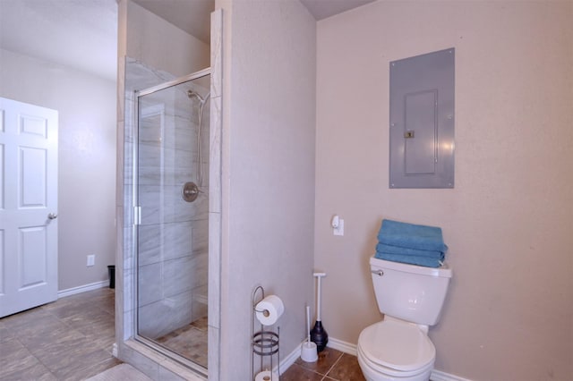 bathroom with electric panel, a shower with door, toilet, and tile patterned floors