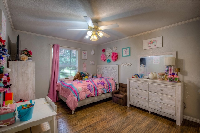 bedroom with ceiling fan, dark hardwood / wood-style flooring, crown molding, and a textured ceiling