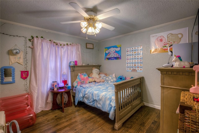 bedroom featuring ceiling fan, dark wood-type flooring, crown molding, and a textured ceiling