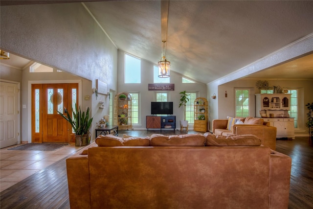 unfurnished living room with a textured ceiling, vaulted ceiling, and dark wood-type flooring