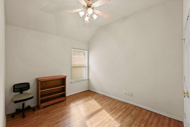 interior space featuring vaulted ceiling, ceiling fan, and light hardwood / wood-style floors