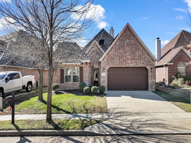 french country inspired facade with concrete driveway, brick siding, and an attached garage