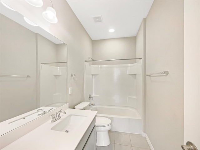 full bathroom featuring toilet, shower / bath combination, tile patterned floors, and vanity