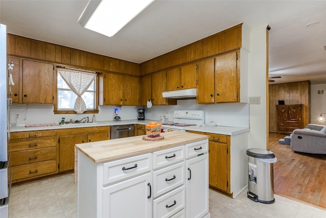 kitchen featuring dishwasher, white range with electric stovetop, a kitchen island, sink, and white cabinetry