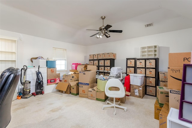 storage room featuring ceiling fan