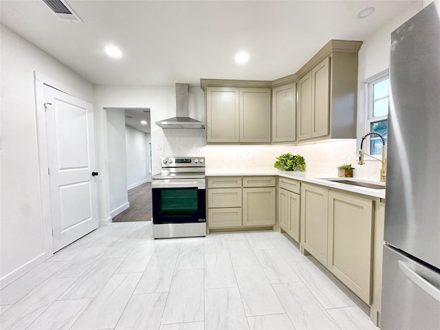 kitchen with sink, appliances with stainless steel finishes, and wall chimney exhaust hood