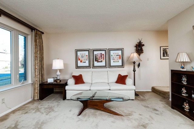 carpeted living room with a textured ceiling and a healthy amount of sunlight