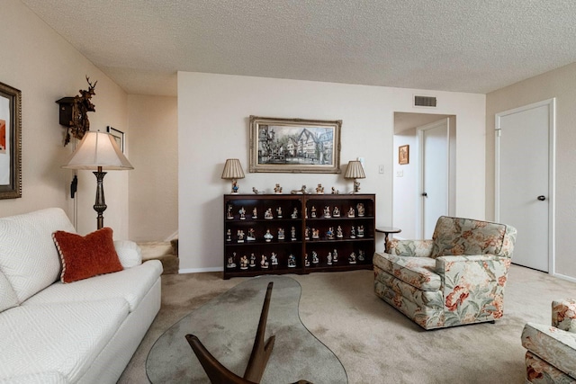 living room featuring a textured ceiling and carpet flooring