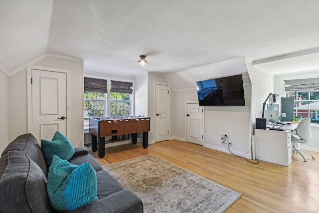 living room with vaulted ceiling and light hardwood / wood-style flooring