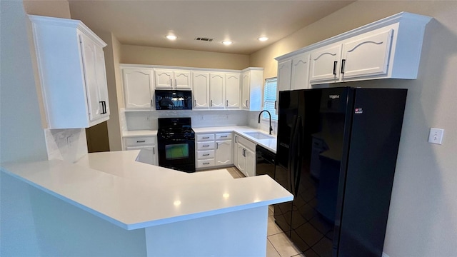 kitchen with black appliances, white cabinetry, kitchen peninsula, and sink