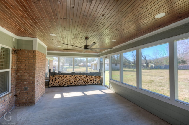 unfurnished sunroom featuring ceiling fan and wood ceiling