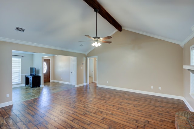 unfurnished living room featuring ceiling fan, ornamental molding, a brick fireplace, dark hardwood / wood-style floors, and lofted ceiling with beams