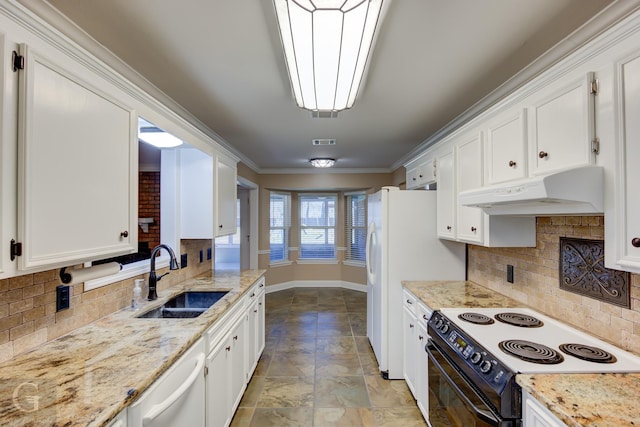 kitchen with sink, white cabinets, white appliances, light stone countertops, and crown molding