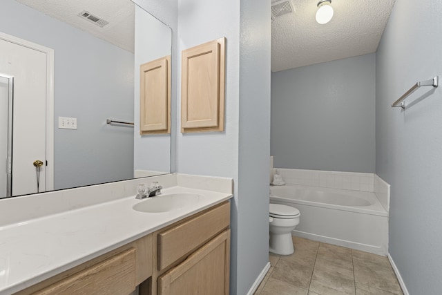 full bathroom with tile patterned floors, visible vents, and a textured ceiling