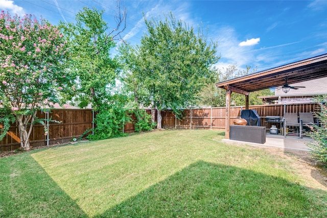 view of yard with a fenced backyard and a patio area