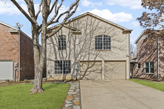 traditional-style home with a garage, brick siding, concrete driveway, and a front lawn