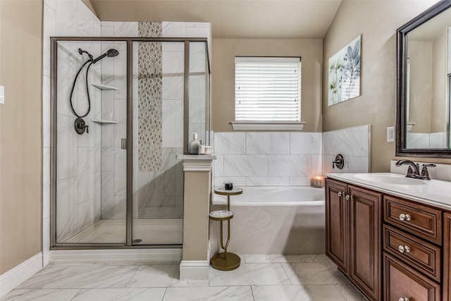 bathroom featuring vanity, vaulted ceiling, and plus walk in shower