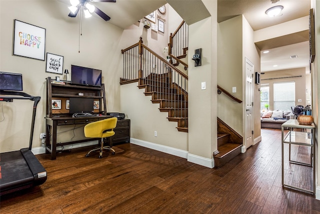 office with ceiling fan and dark hardwood / wood-style flooring