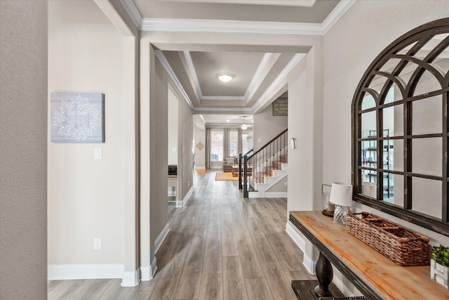 hall with ornamental molding, light wood-type flooring, and a tray ceiling