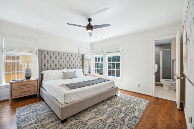 bedroom with multiple windows, ceiling fan, crown molding, and dark hardwood / wood-style floors