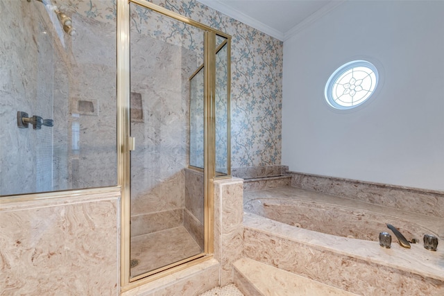 full bathroom featuring a stall shower, crown molding, and a bath