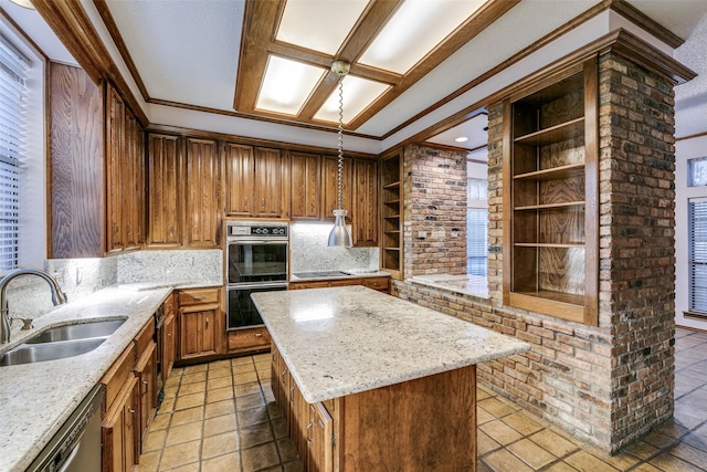 kitchen with open shelves, dobule oven black, a kitchen island, a sink, and dishwasher