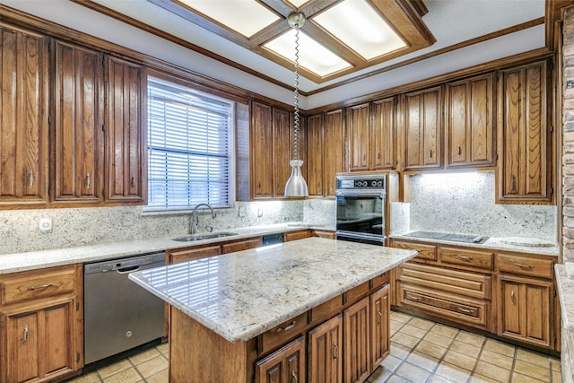 kitchen with a kitchen island, a sink, brown cabinets, black appliances, and tasteful backsplash