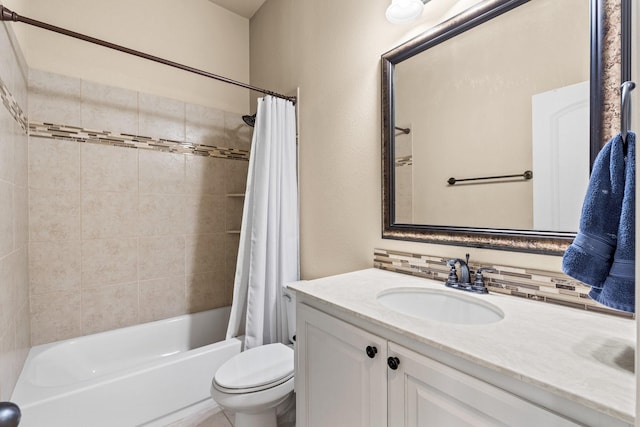 full bathroom with toilet, backsplash, shower / tub combo with curtain, and vanity