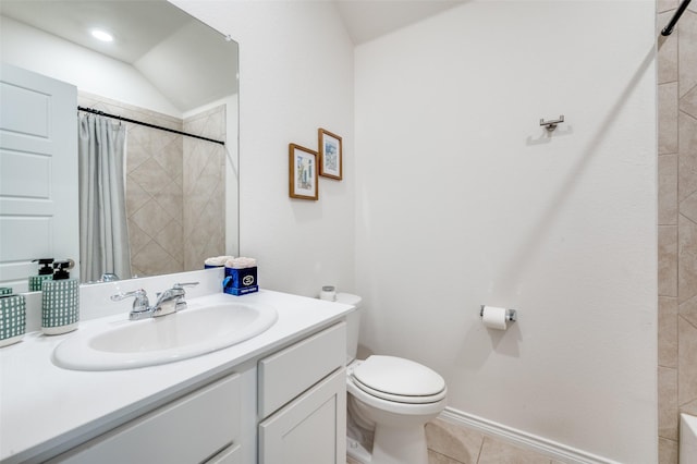 bathroom featuring toilet, tile patterned floors, a shower with shower curtain, and vanity