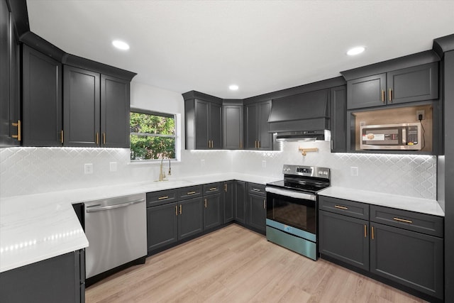 kitchen with stainless steel appliances, decorative backsplash, sink, and light hardwood / wood-style floors