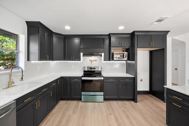 kitchen featuring stainless steel appliances, light hardwood / wood-style floors, tasteful backsplash, and sink