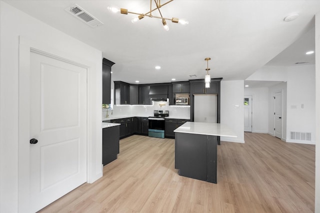 kitchen with stainless steel appliances, decorative light fixtures, an inviting chandelier, light hardwood / wood-style floors, and backsplash