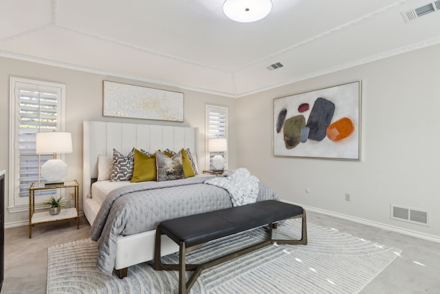 carpeted bedroom featuring a raised ceiling and crown molding