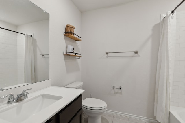 full bathroom featuring vanity, shower / tub combo, tile patterned flooring, and toilet